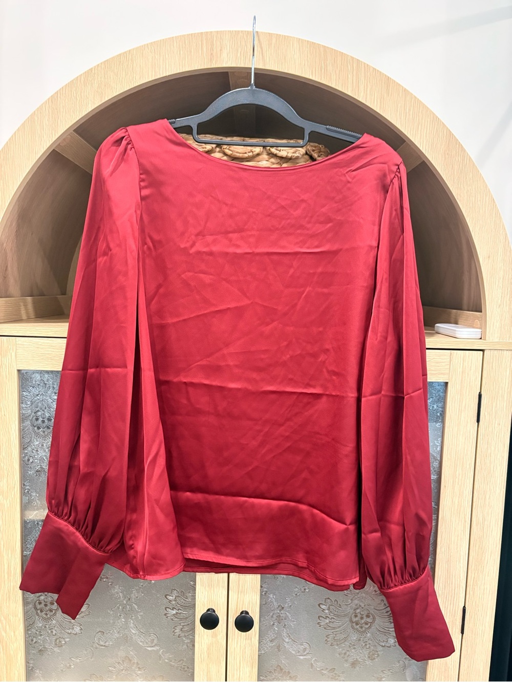Women's Red Satin Long-Sleeve Blouse